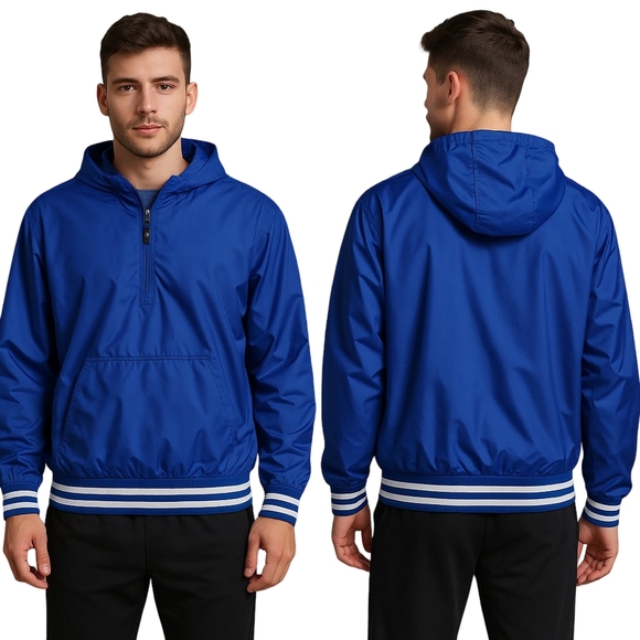 HOLLOWAY Windbreaker Jacket Mens XL Blue Striped Trim Hooded Pullover Nylon NEW - Picture 1 of 13